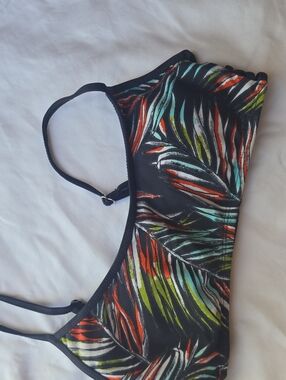 Mossimo Supply Co. Black Bikini Top with Red, Green & Teal Leaf Print
